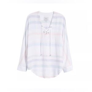 New Rails Lily Lace Up Linen Blend Blouse in Seychelles Stripe
